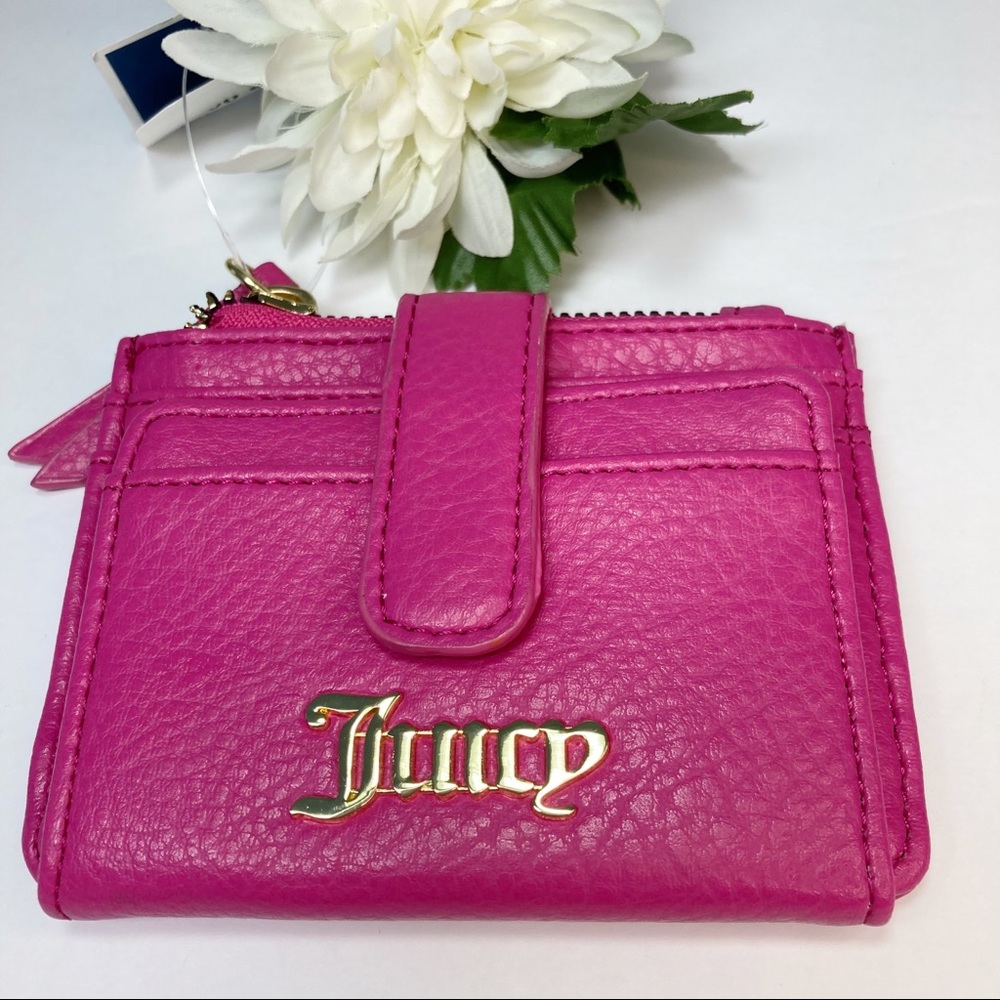 Juicy Couture Pleats Please Fuchsia Gold Tab Card Case Wallet NEW